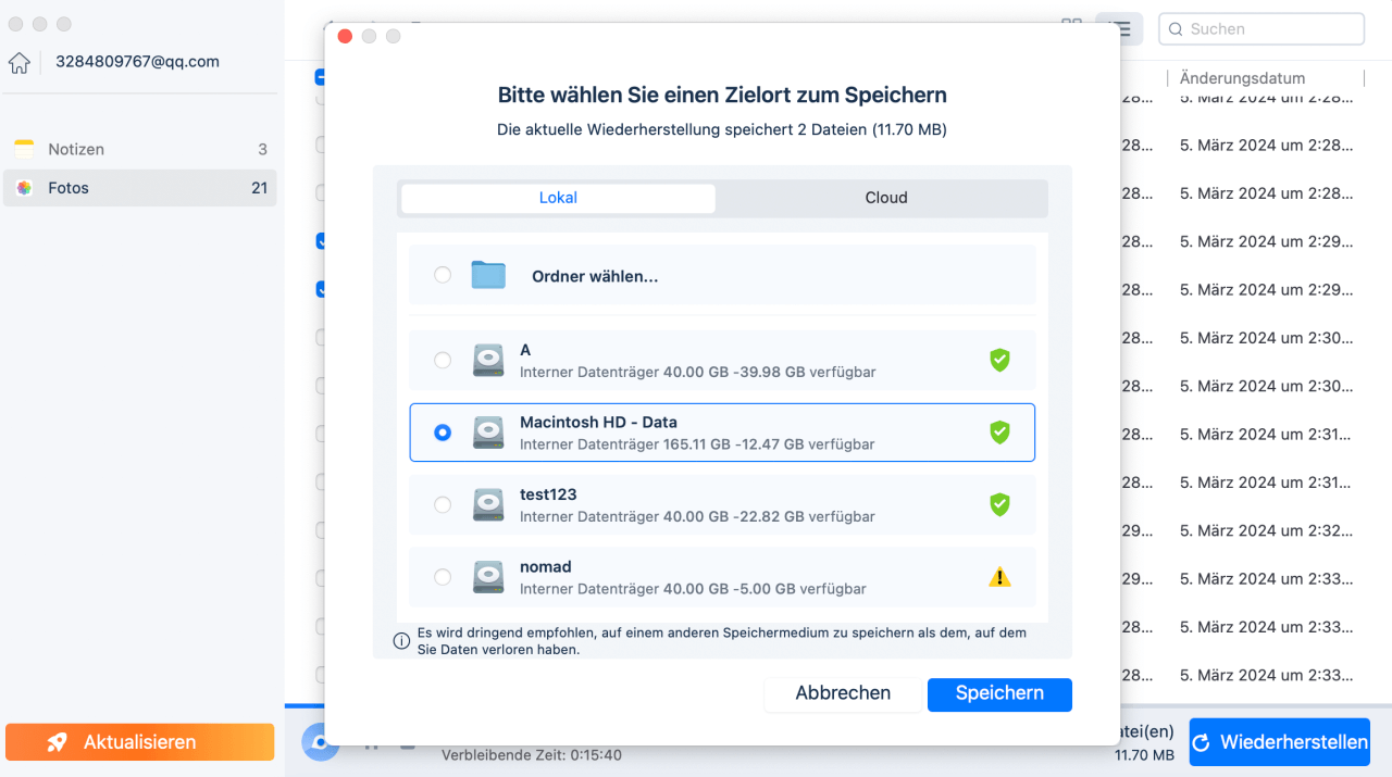 Wiederhergestellte Notizen speichern