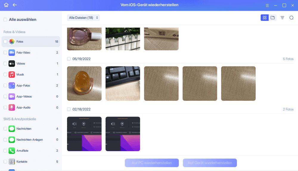 Vorschau und Wiederherstellung von Fotos